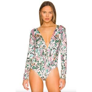 BCBGeneration Surplice Bodysuit Top Floral Plunge Blouson Long Sleeve L Large